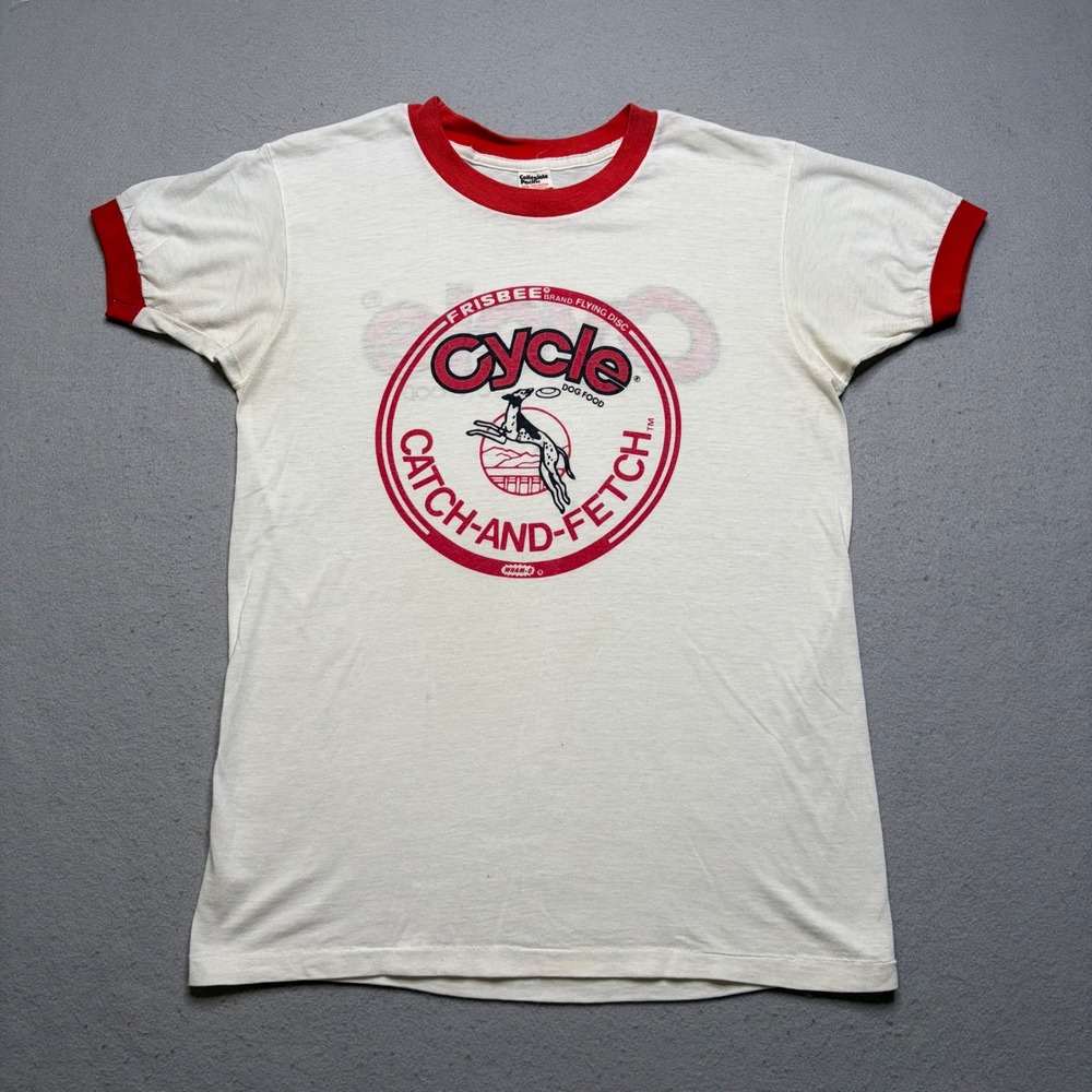 Collegiate‎ Pacific Ringer T-Shirt Mens L Cycle Dog Food Vintage 70s Frisbee